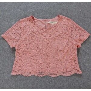 Available Womens Shirt Large Pink Floral Lace Barbiecore Cropped Lined Stretch